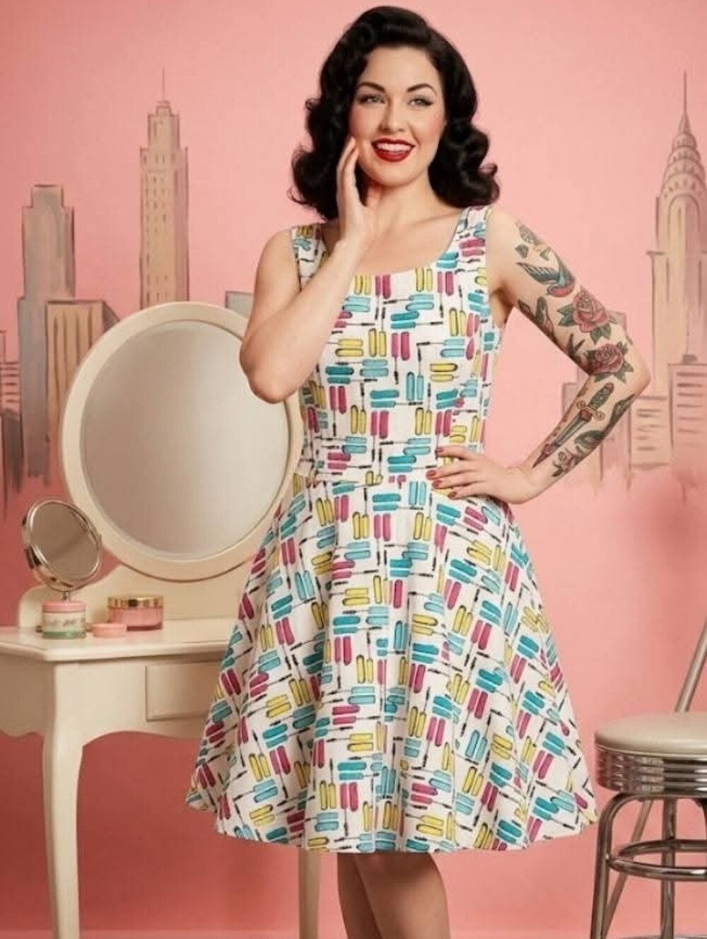 Retro Scooped Neck Fit & Flare Dress in Multicolor Print